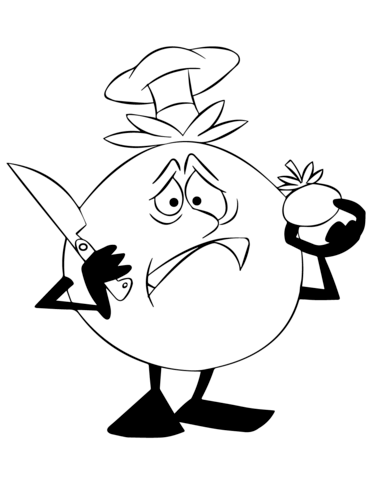 Cartoon Tomato Character Not Wanting To Cut A Tomato Coloring Page